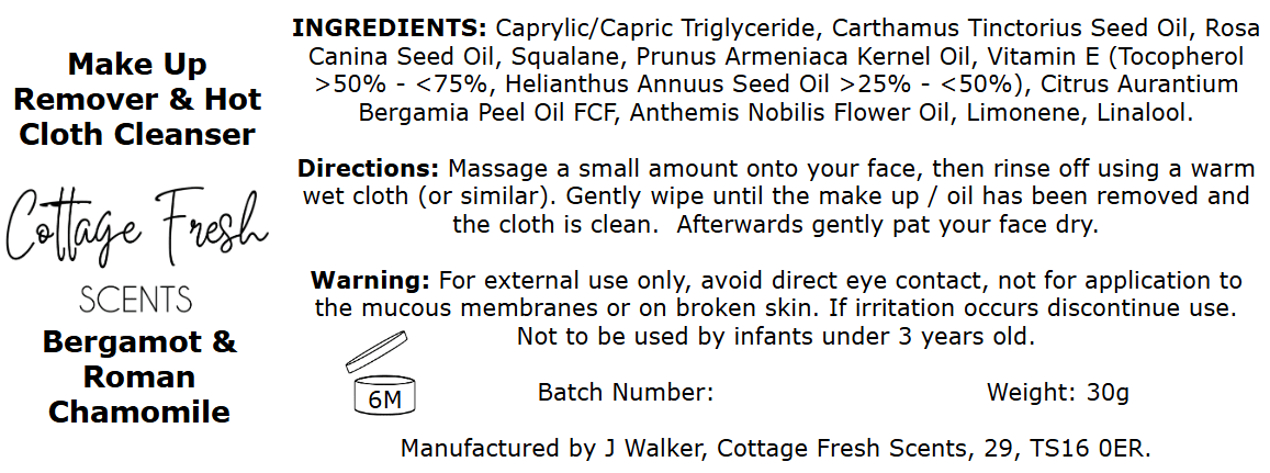 Natural Vegan - Hot Cloth Facial Cleanser and Make Up Remover: Bergamot & Roman Chamomile Scented - Make Up Remover / Cleanser - Cottage Fresh Scents