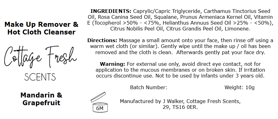 Natural Vegan - Hot Cloth Facial Cleanser and Make Up Remover: Mandarin & Grapefruit Scented - Make Up Remover / Cleanser - Cottage Fresh Scents