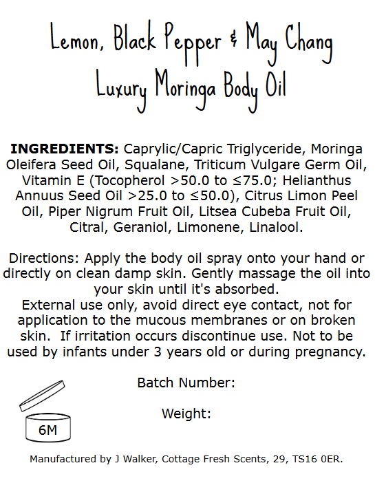 Natural Vegan - Luxurious Moringa Body Oil: Lemon, Black Pepper & May Chang Scented