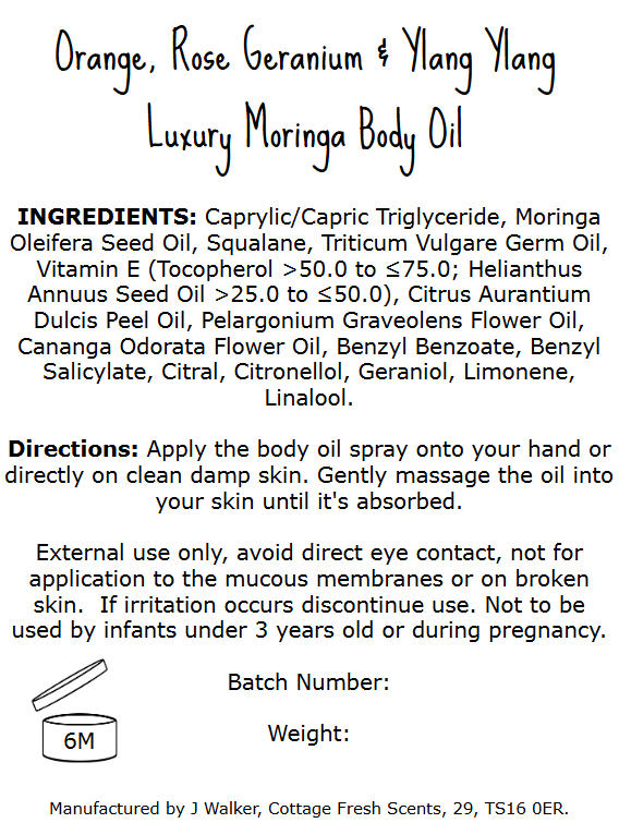 Natural Vegan - Luxurious Moringa Body Oil: Orange, Rose Geranium & Ylang Ylang Scented