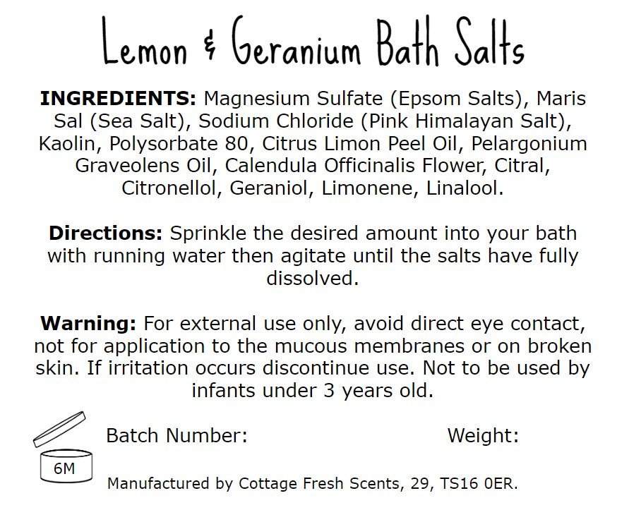 Lemon & Geranium Bath Salts - Vegan Self Care Gift - Bath Salts - Cottage Fresh Scents