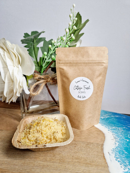 Lemon & Geranium Bath Salts - Vegan Self Care Gift - Bath Salts - Cottage Fresh Scents