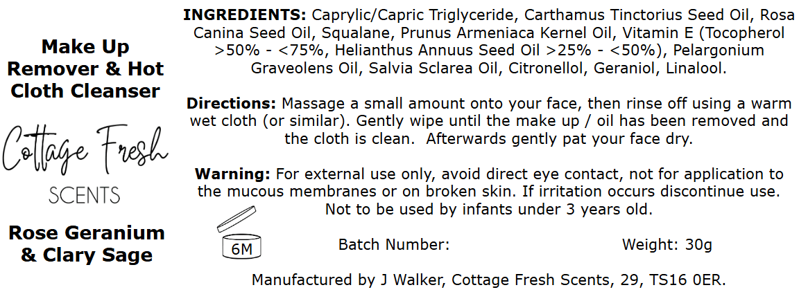 Natural Vegan - Hot Cloth Facial Cleanser and Make Up Remover: Geranium & Clary Sage Scented - Make Up Remover / Cleanser - Cottage Fresh Scents