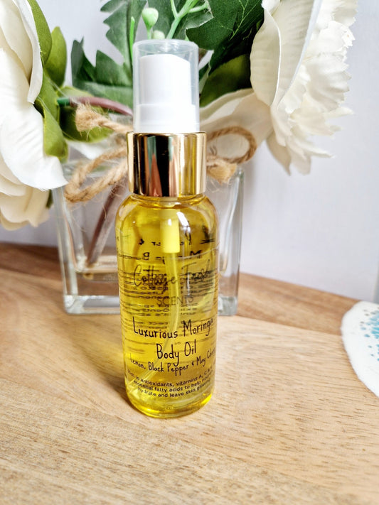 Natural Vegan - Luxurious Moringa Body Oil: Lemon, Black Pepper & May Chang Scented - Body Oil - Cottage Fresh Scents