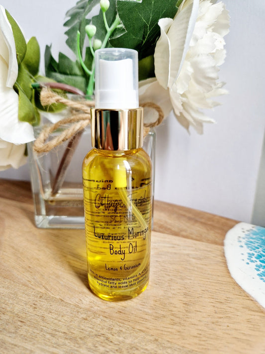 Natural Vegan - Luxurious Moringa Body Oil: Lemon & Geranium Scented - Body Oil - Cottage Fresh Scents