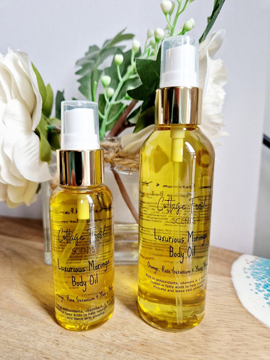 Natural Vegan - Luxurious Moringa Body Oil: Orange, Rose Geranium & Ylang Ylang Scented - Body Oil - Cottage Fresh Scents