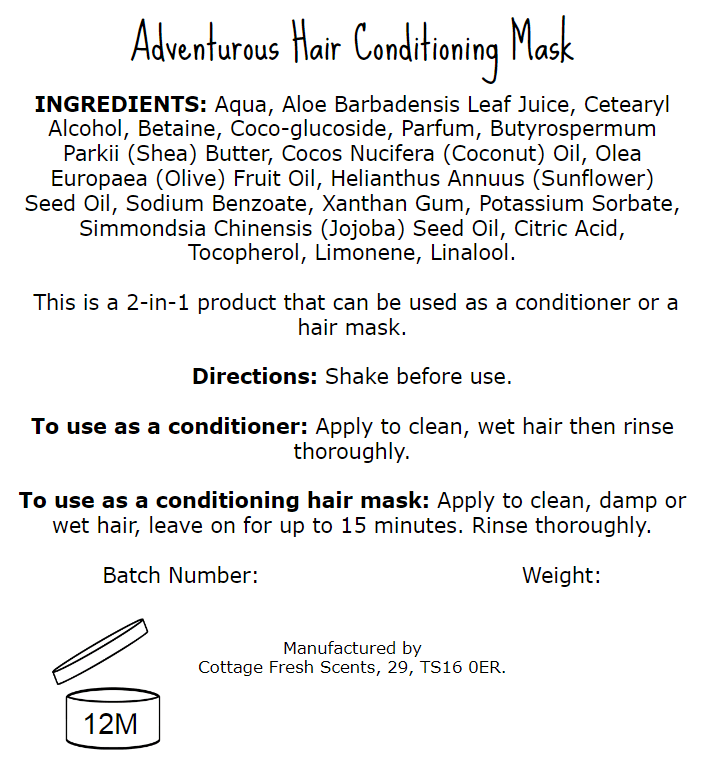 Adventurous Hair Conditioning Mask - Conditioning Hair Mask - Cottage Fresh Scents